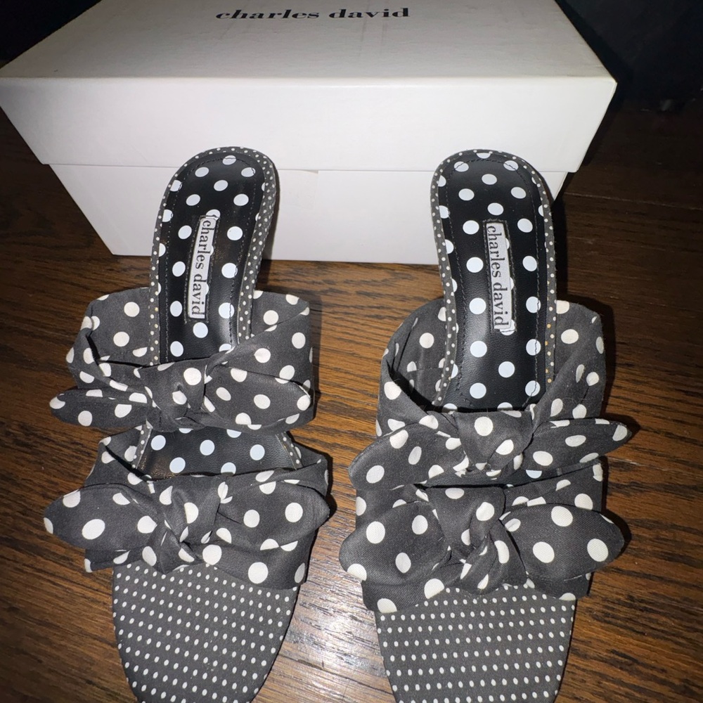 Charles David Black and White Polka Dot Bow Slide Mules
